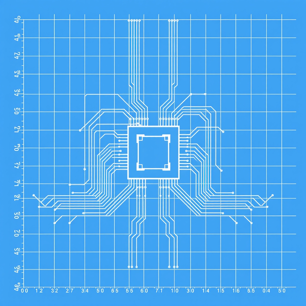 Abstract blue-and-white circuit diagram with two branching processor pathways on a technical grid.