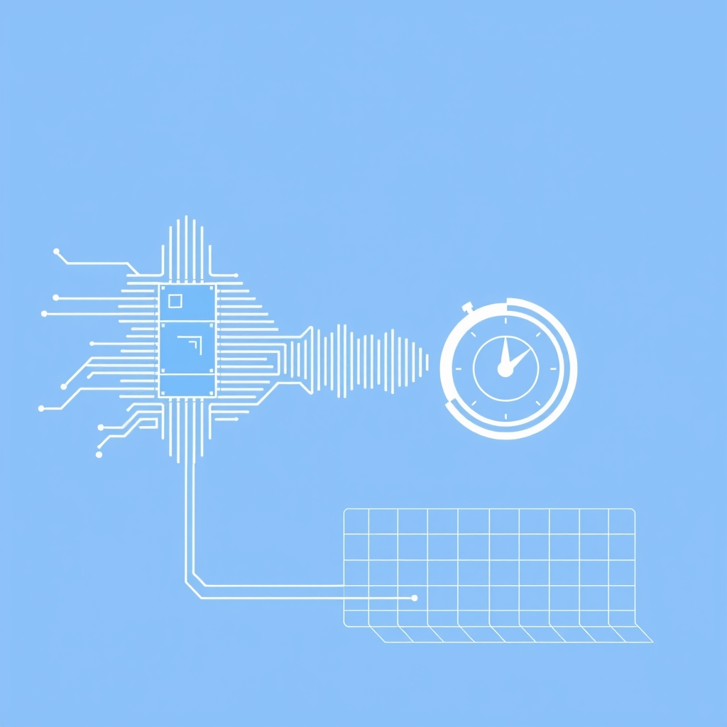 Blue-and-white technical illustration of circuit traces speeding across a grid beside a concentric timing diagram.