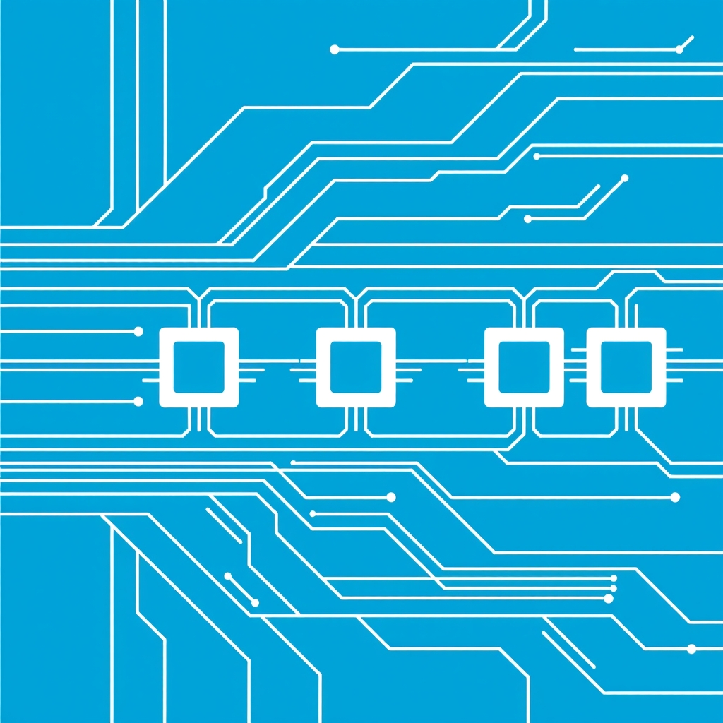 Abstract blue and white illustration of five circuit traces feeding five chips in a row